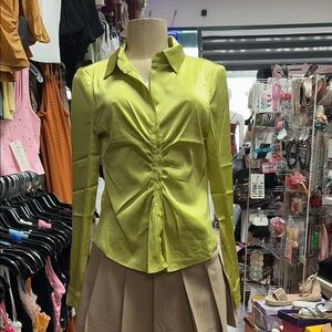 Vibrant Green Ruched Button Down Blouse